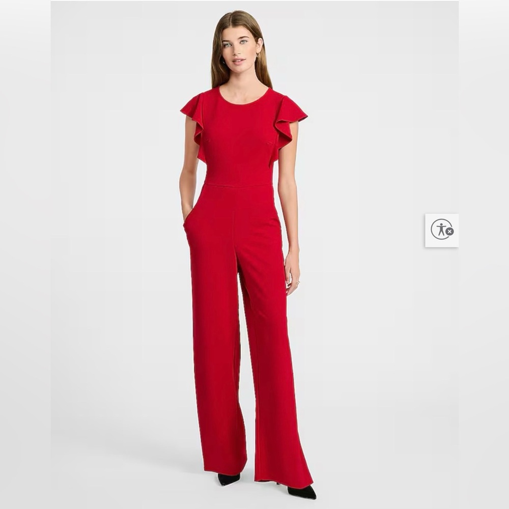 Crew Neck Flutter Sleeve Wide Leg Jumpsuit with Pockets Size XS